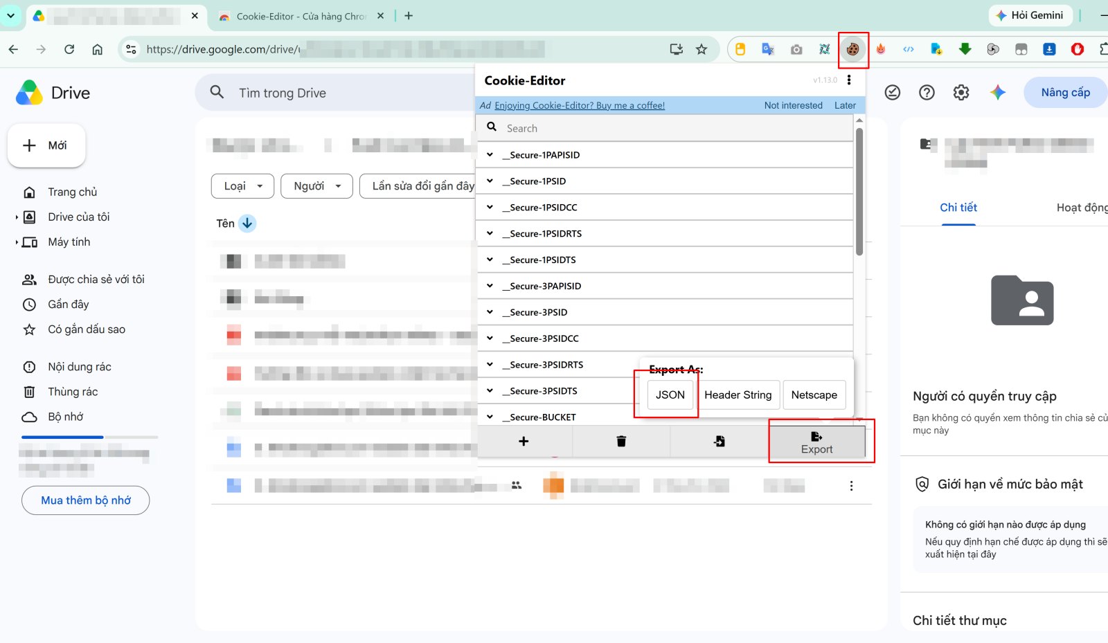 Xuất cookies Google Drive dạng JSON bằng tiện ích Cookie-Editor