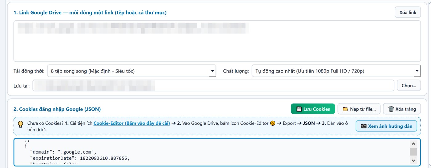 Dán link Google Drive và cookies vào Acckit Turbo Downloader