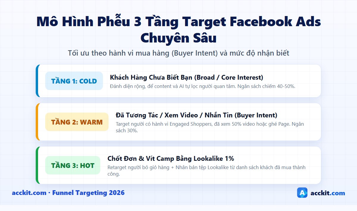 Mô hình phễu 3 tầng đối tượng Facebook Ads 2026