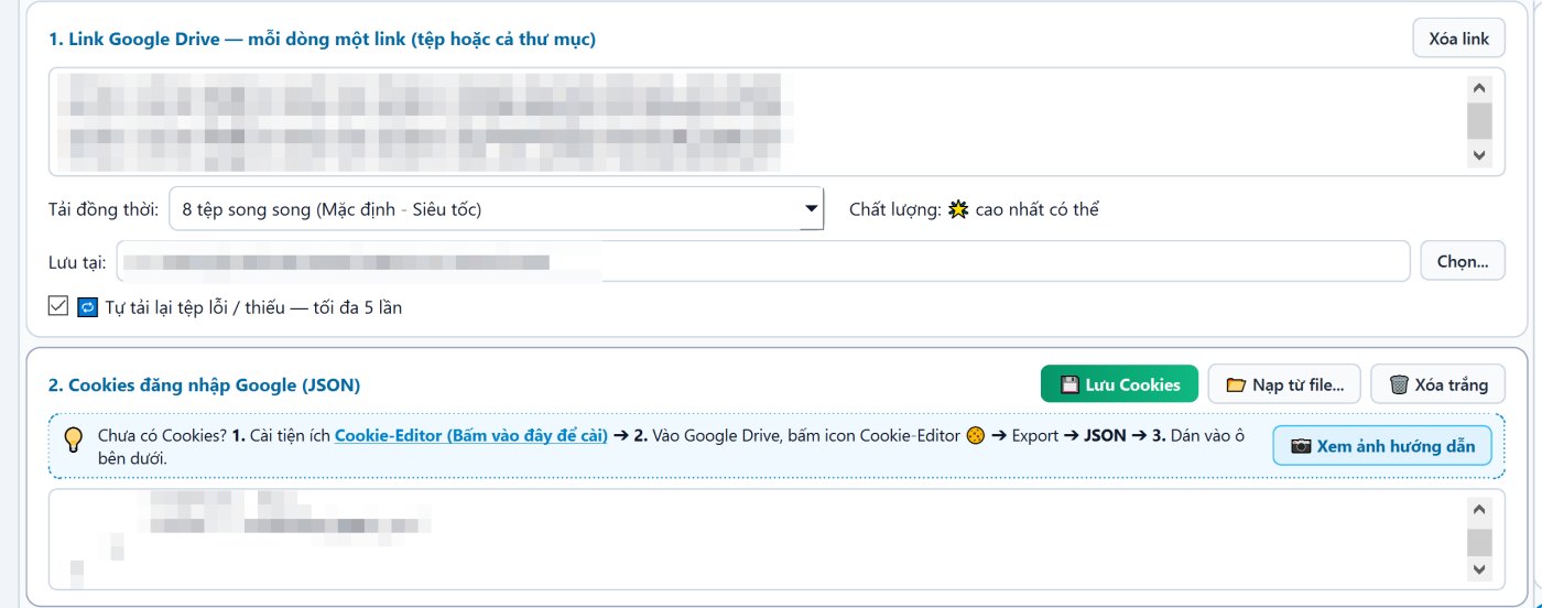 Paste Google Drive links and cookies in Acckit Turbo Downloader